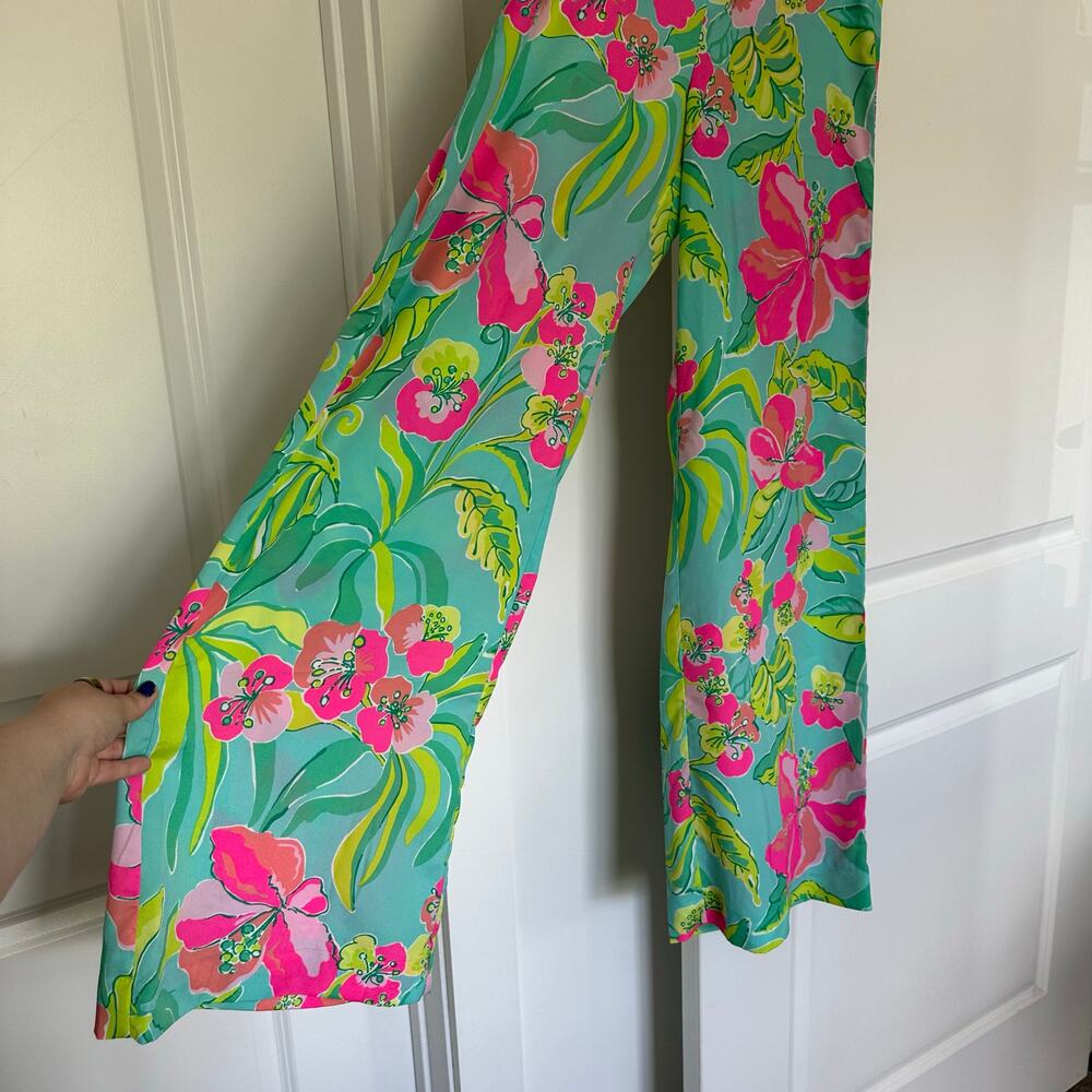 Lilly Pulitzer (M) Turquoise Hibiscus Floral Print Wide Leg Lightweight Pant - Picture 4 of 8